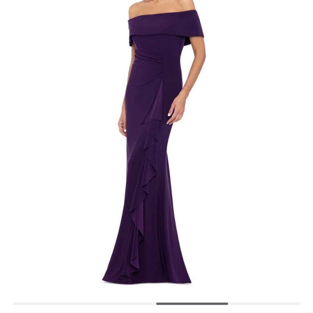 XCAPE Women's Off-The-Shoulder Side-Ruched Ruffled Gown